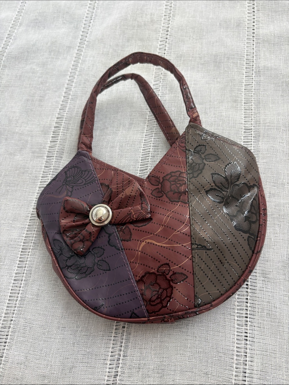 Patchwork Y2k Floral Mini Tote with Decorative Bow in Burgundy, Purple & Taupe